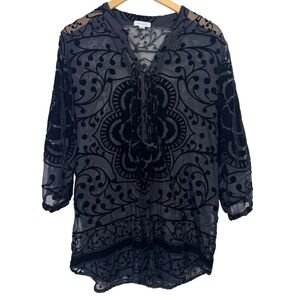 Garnet Hill Black Size 8 Velvet Burnout Sheer Tunic Top 3/4 Sleeve V Neck